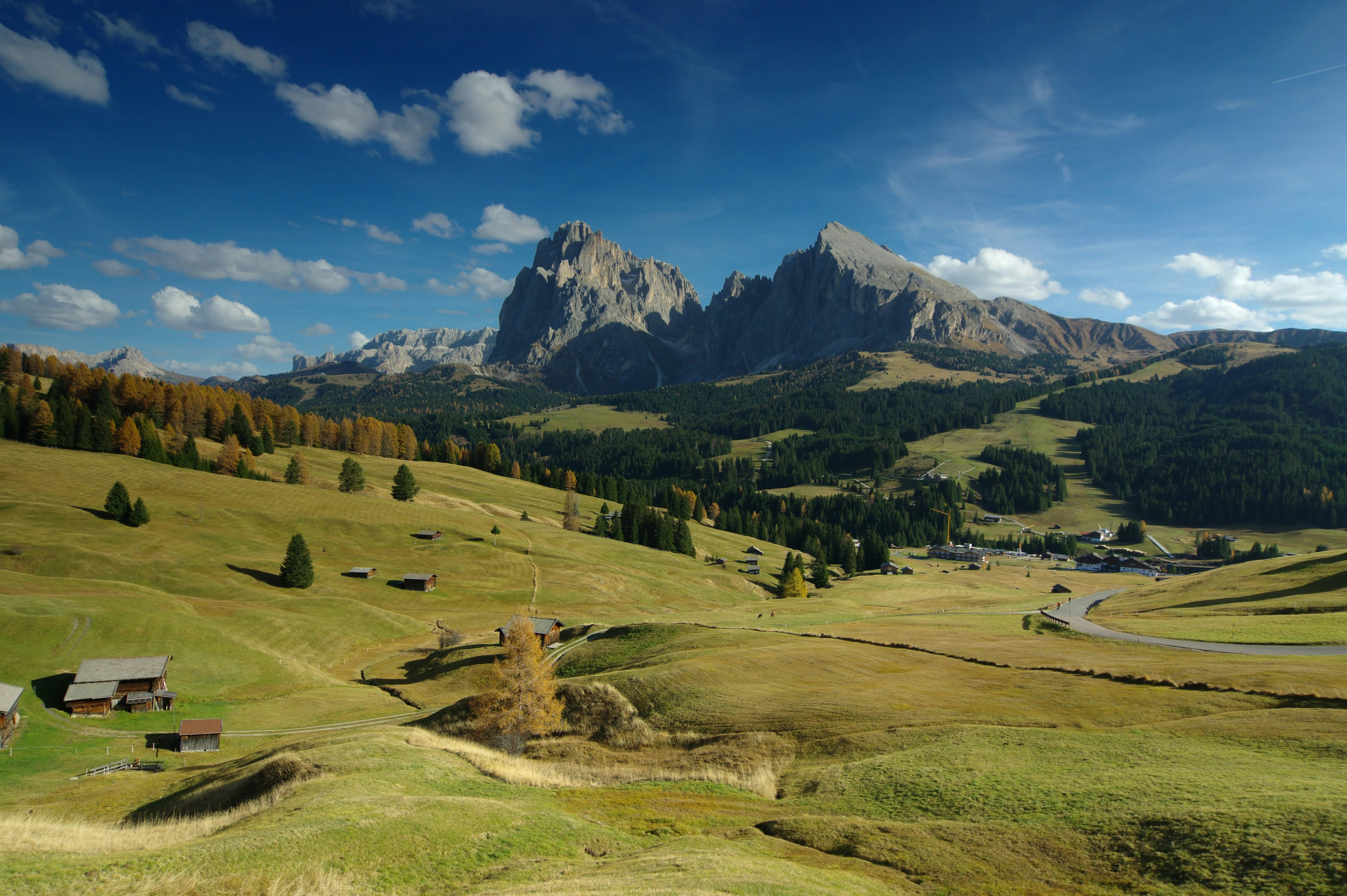a scenic view of a valley with a mountain in the background