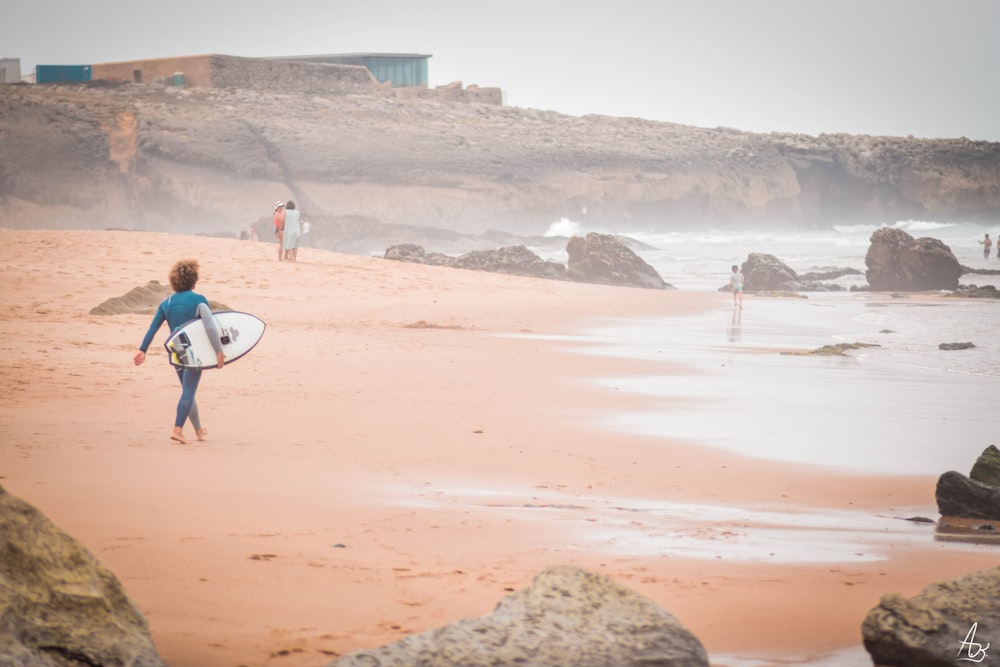 a person walking on a beach with a surfboard