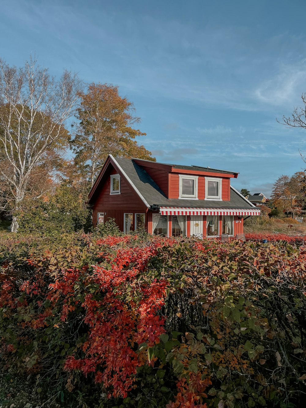 a red house with a white striped awning