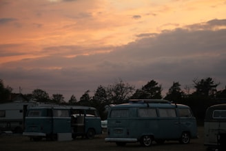 Several vintage vans are parked in an open area under a vibrant sunset sky. The vehicles are classic models, possibly from the 1970s, characterized by their boxy shape and distinctive design. In the background, a few trees and a trailer are visible, creating a serene and nostalgic atmosphere.