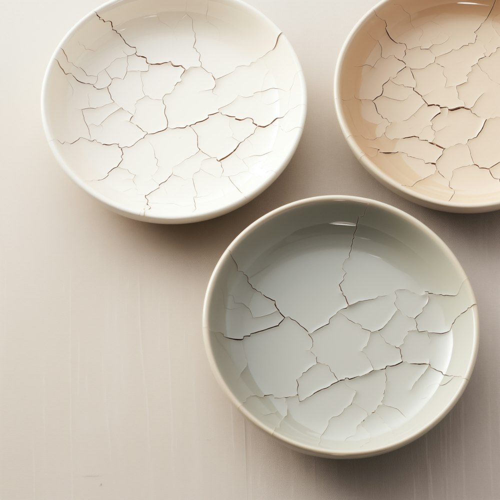 three white bowls with cracked paint on them