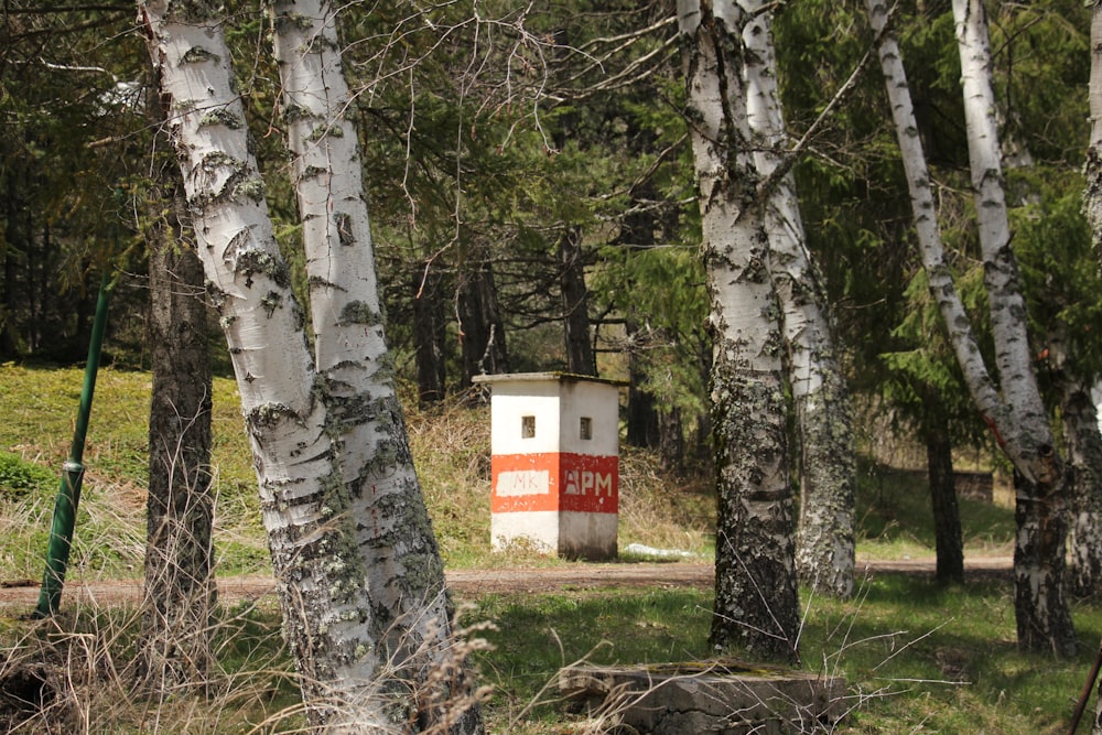 a red and white box in the middle of a forest