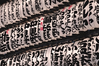 A series of traditional Japanese paper lanterns are arranged in rows. Each lantern features bold, black calligraphic writing on a white background, with some red characters interspersed. The lanterns are partially illuminated, creating a contrast between light and shadow.