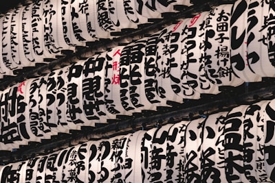 A series of traditional Japanese paper lanterns are arranged in rows. Each lantern features bold, black calligraphic writing on a white background, with some red characters interspersed. The lanterns are partially illuminated, creating a contrast between light and shadow.