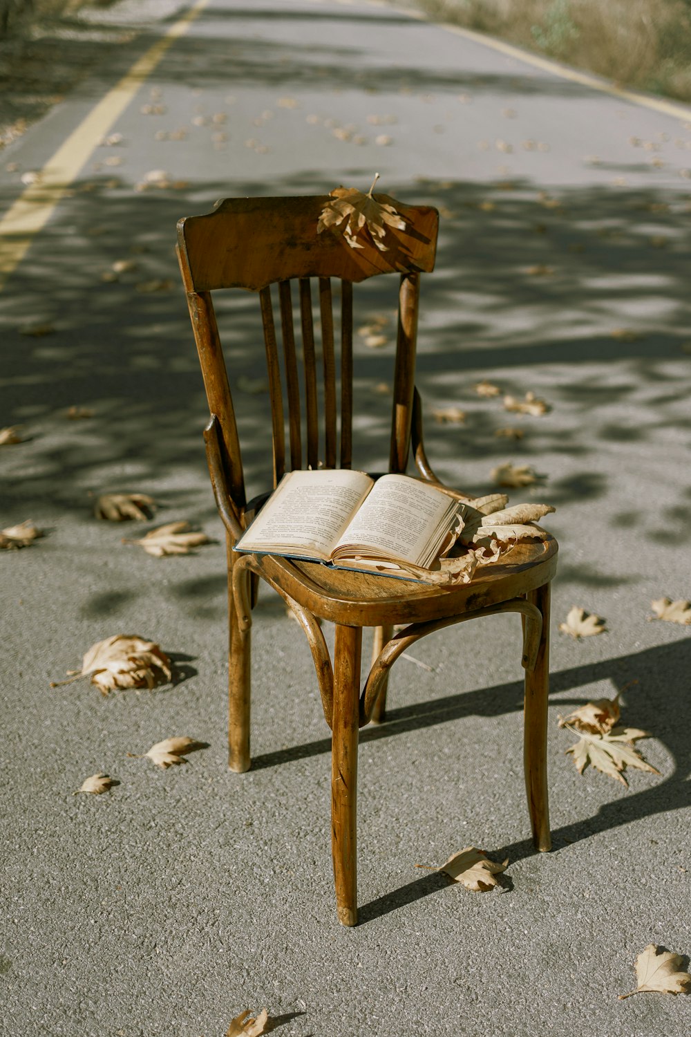 a wooden chair sitting on the side of a road