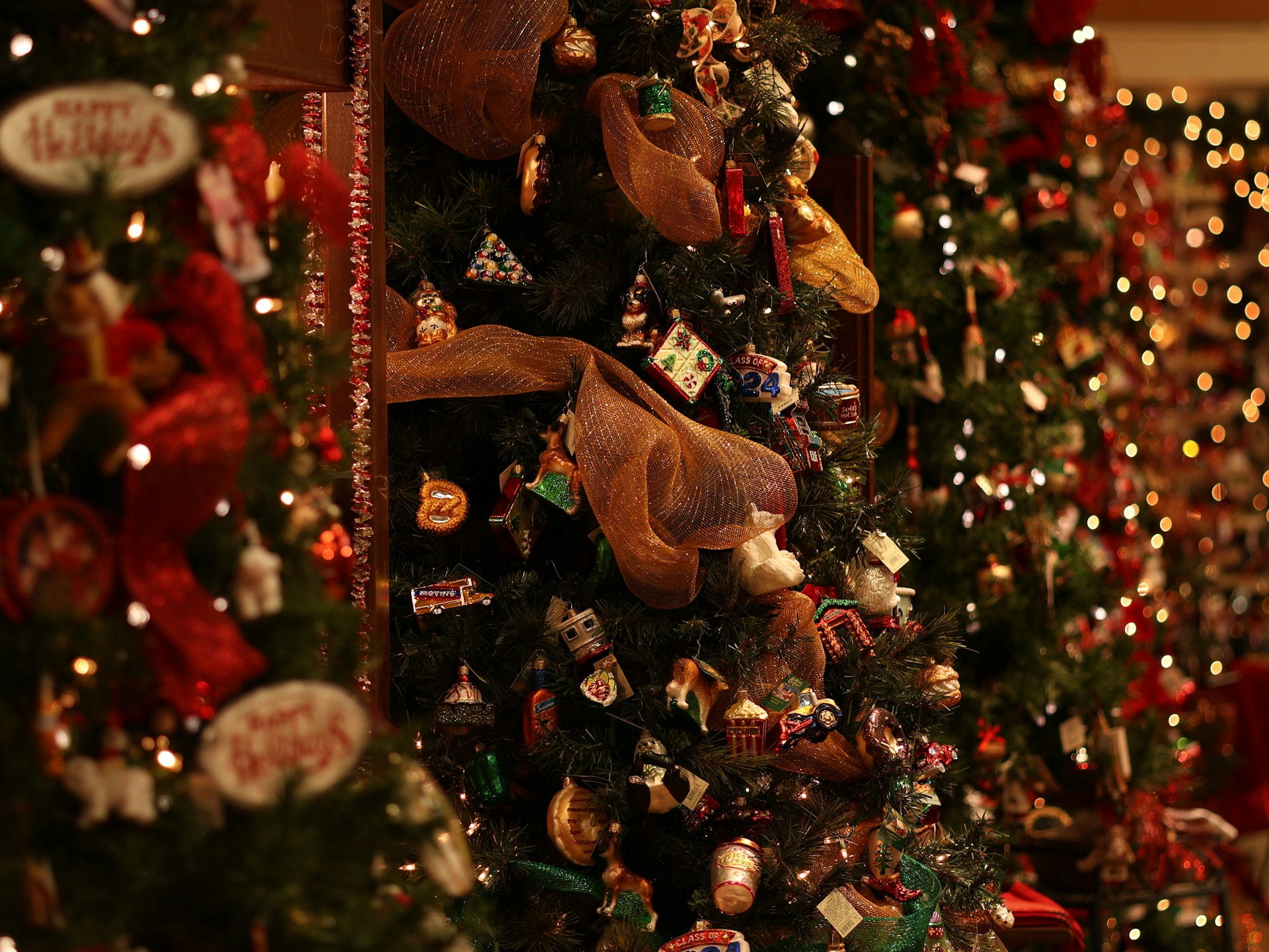 A series of beautifully decorated Christmas trees adorned with a variety of ornaments, including miniatures, ribbons, and festive decorations. The trees are surrounded by warm, ambient lighting that enhances the holiday atmosphere.