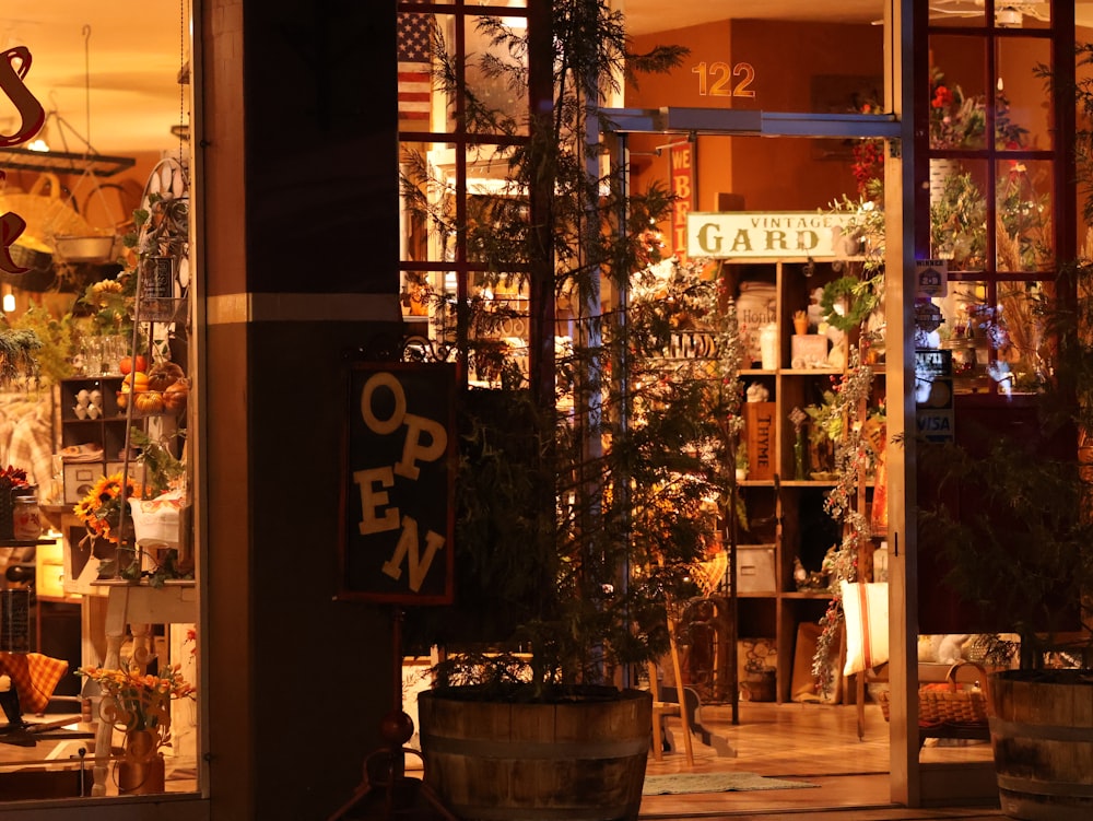 a store front with plants in the window