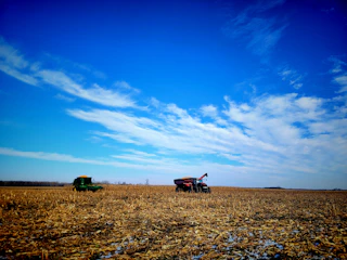 Two brothers standing beside a tractor with a backdrop of cleared land under a bright sky.