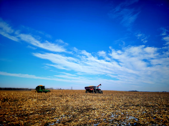 Two brothers standing beside a tractor with a backdrop of cleared land under a bright sky.