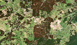 Satellite view of lush green landscapes and urban areas highlighting resource management.