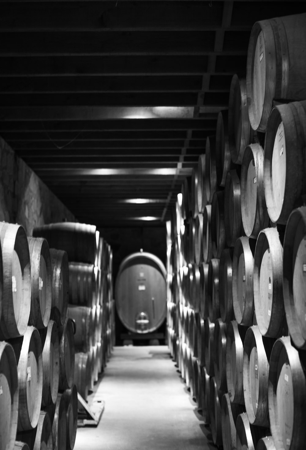 a long row of wine barrels in a cellar