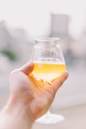 A hand is holding a clear glass filled with a light amber beverage, featuring the text 'OHORI BREWERY'. The background is blurred, suggesting a serene outdoor setting.