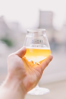 A hand is holding a clear glass filled with a light amber beverage, featuring the text 'OHORI BREWERY'. The background is blurred, suggesting a serene outdoor setting.