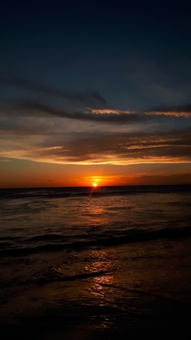 the sun is setting over the ocean on a cloudy day