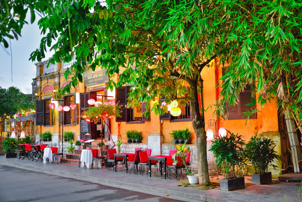 a restaurant with tables and chairs under a tree