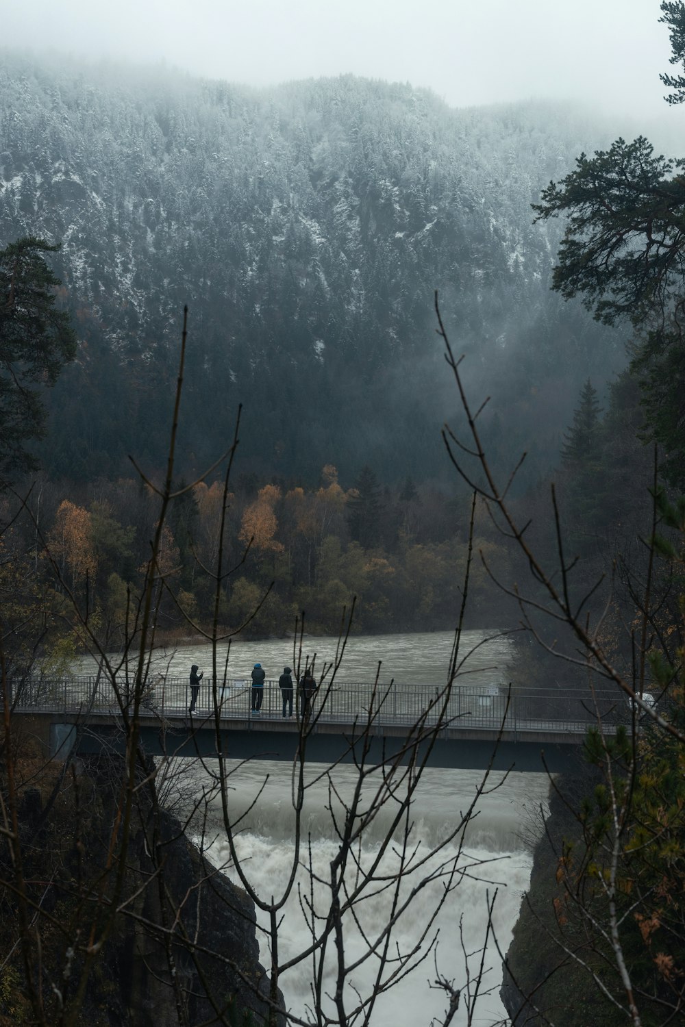 Un grupo de personas de pie en un puente sobre un río