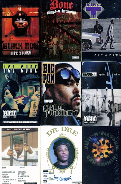 A collage of nine hip-hop album covers featuring various artists, each with distinct artwork. The covers display bold typography and imagery representing the artists' styles and the urban culture they belong to.