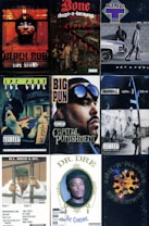 A collage of nine hip-hop album covers featuring various artists, each with distinct artwork. The covers display bold typography and imagery representing the artists' styles and the urban culture they belong to.