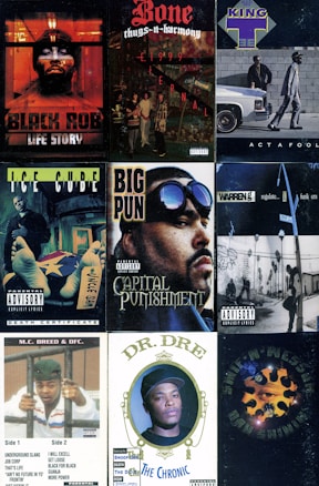 A collage of nine hip-hop album covers featuring various artists, each with distinct artwork. The covers display bold typography and imagery representing the artists' styles and the urban culture they belong to.