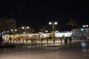 A contemporary public plaza with geometric landscaping and subtle lighting at dusk.
