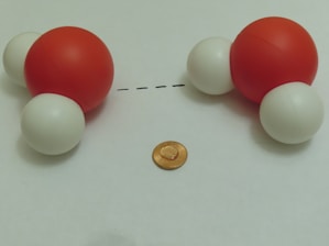 A model of two water molecules is depicted, with each consisting of one large red sphere representing oxygen and two smaller white spheres representing hydrogen. They are placed with a dotted line between them, suggesting a hydrogen bond. A coin is positioned below the molecules for scale reference.