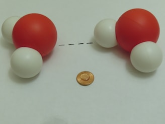 A model of two water molecules is depicted, with each consisting of one large red sphere representing oxygen and two smaller white spheres representing hydrogen. They are placed with a dotted line between them, suggesting a hydrogen bond. A coin is positioned below the molecules for scale reference.