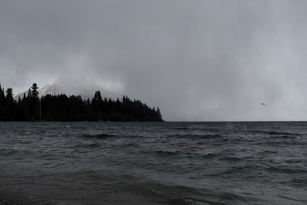 a large body of water with a small island in the background