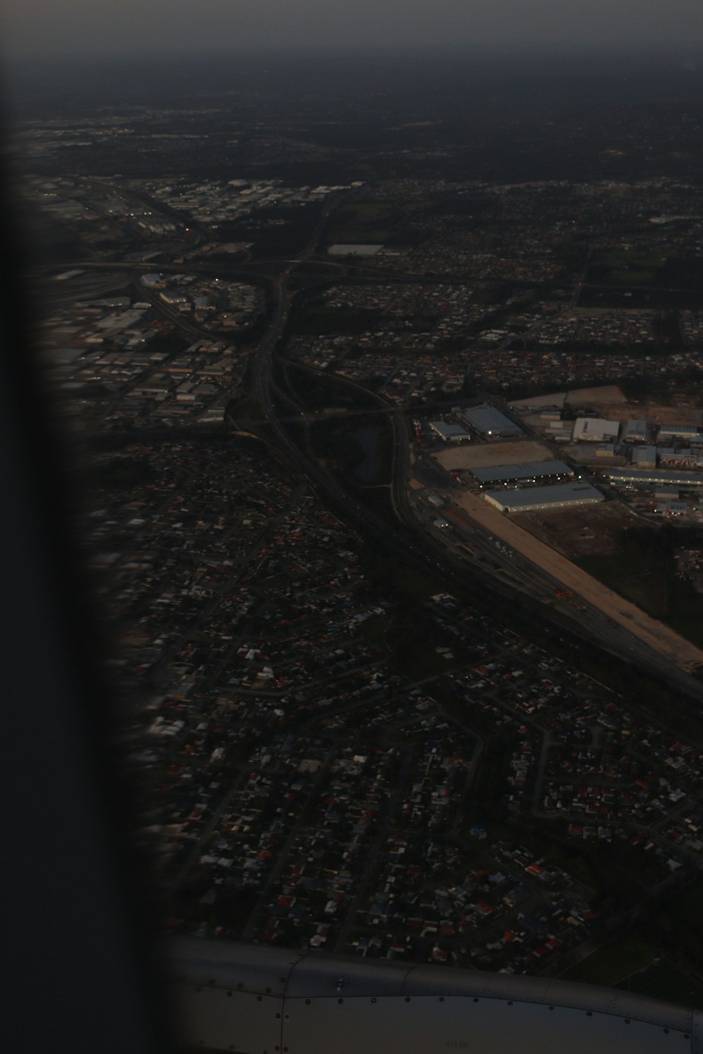 an aerial view of a city at night