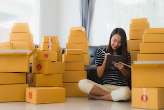 A cozy home scene with neatly arranged boxes and a laptop showing the nexora online store.
