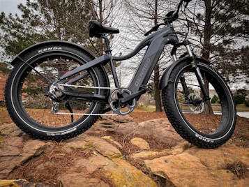 A black fat-tire electric bike is positioned on a rocky terrain surrounded by pine trees. The bike features large, rugged tires, a sturdy frame, and a visible chain mechanism. The brand name 'DENAGO' is printed on the bike's body.
