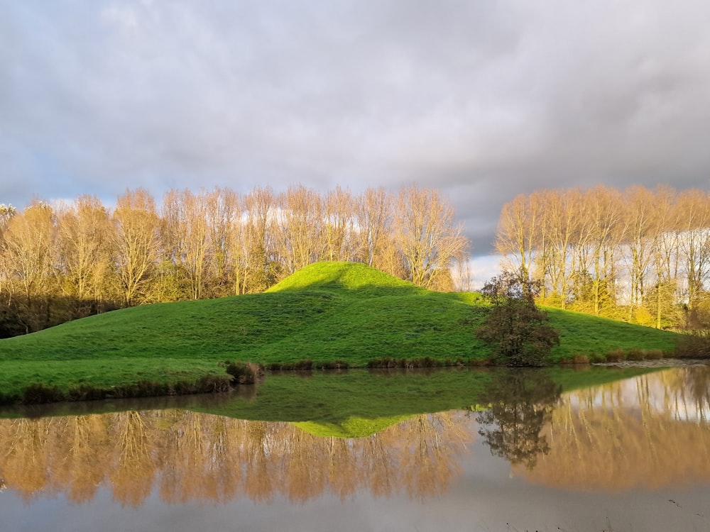 a grassy hill sitting on top of a lake