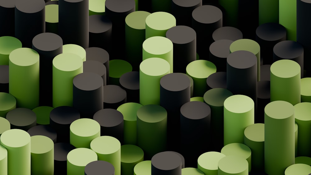 a large group of green and black objects
