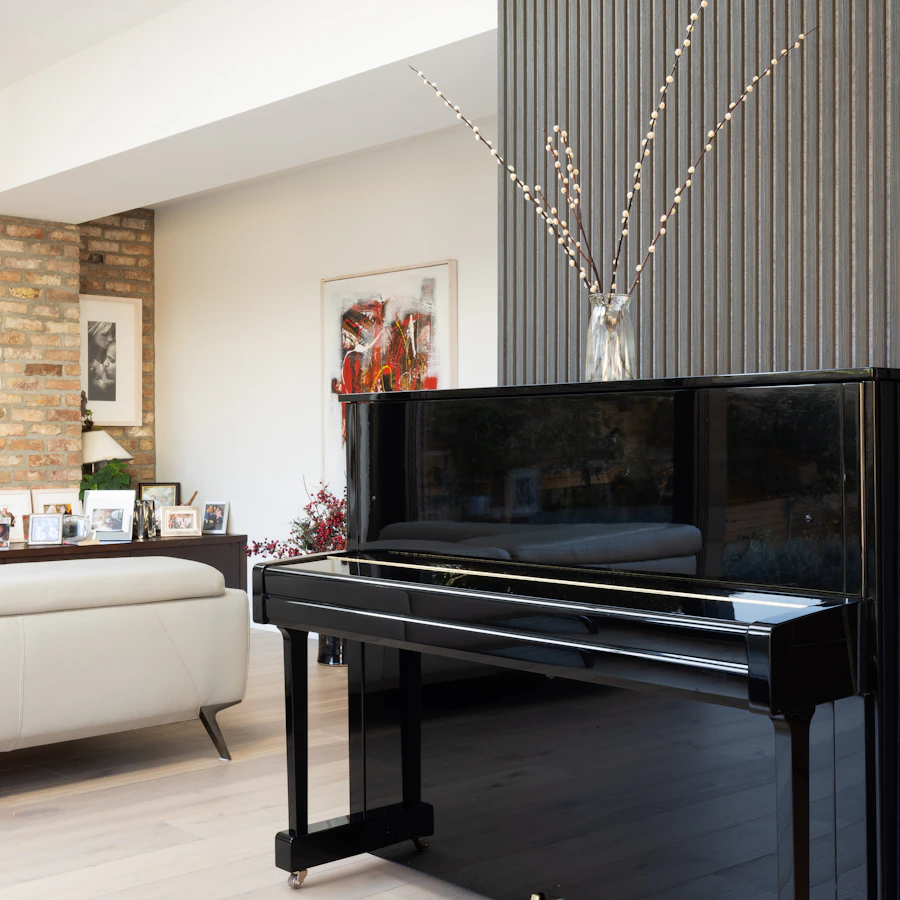 Elegant living room styled with a custom silk floral arrangement