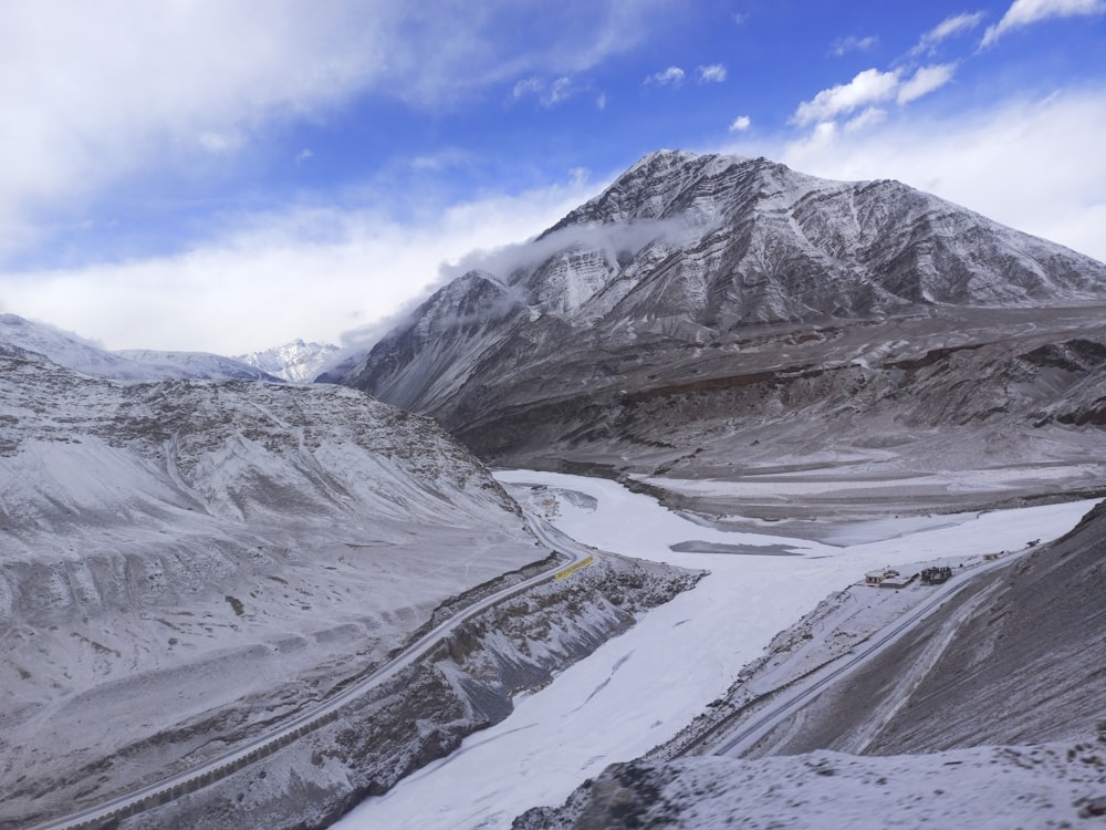 a snow covered mountain with a river running through it