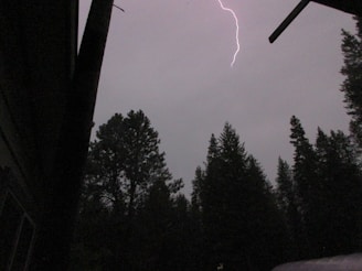A haunted house silhouette against a stormy night sky with lightning.