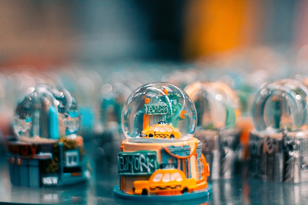 a group of snow globes sitting on top of a table