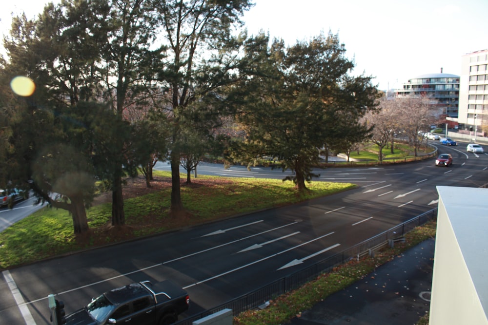 a view of a city street from a window