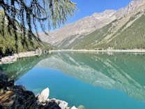Crystal clear lake reflecting the surrounding mountains and pine-covered slopes. The sky is bright and clear, and leafy branches hang down from the top left corner, framing the view. Rocky shorelines and dense forests add depth to the landscape.