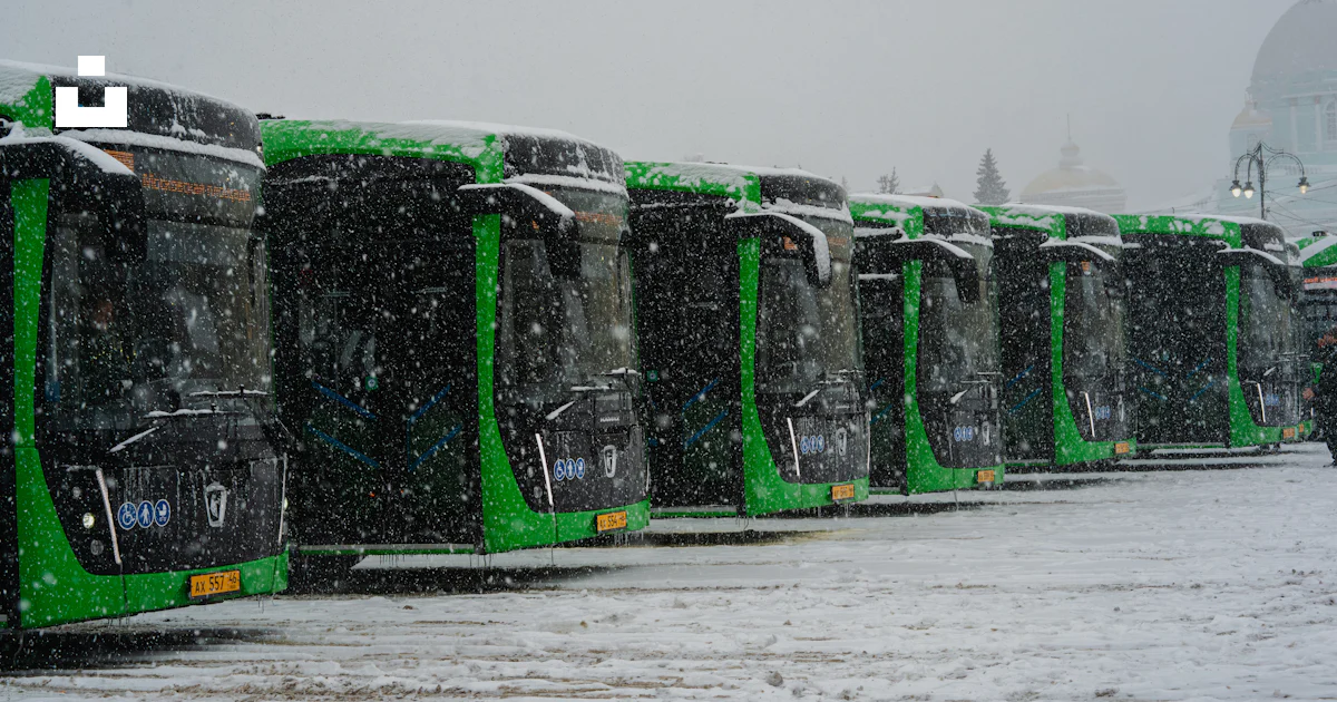 Bus Snow Rails A row of green and black buses covered in snow photo – Free Bus Image ...
