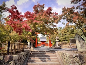 A peaceful temple garden in Kyoto with autumn leaves and stone lanterns