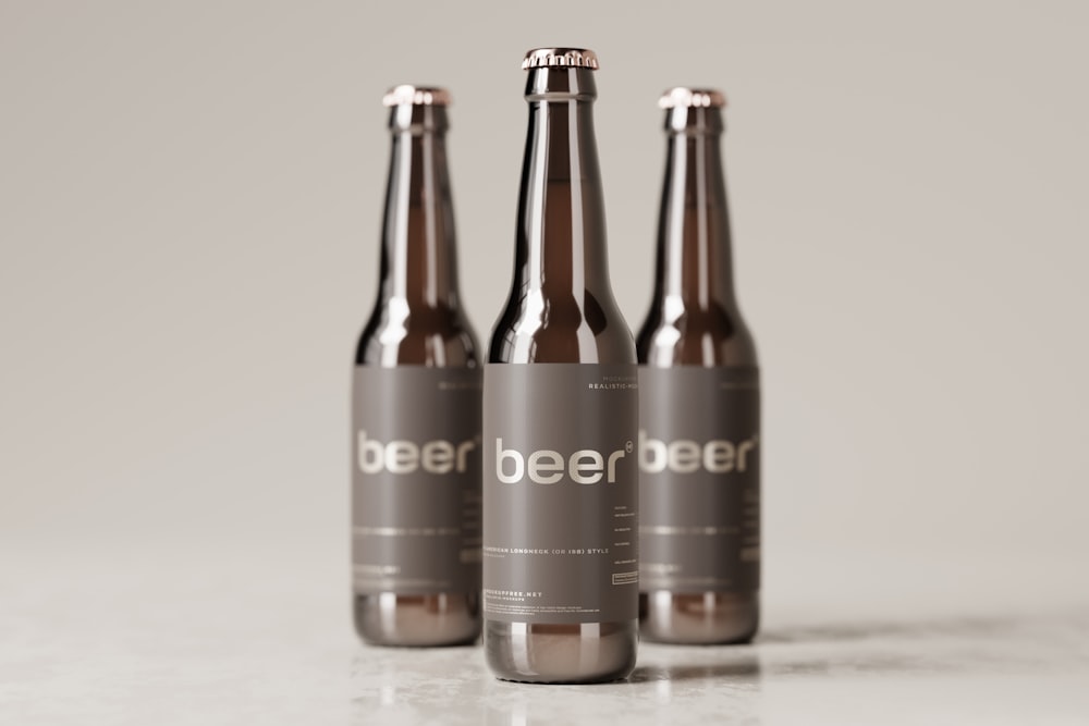 three bottles of beer sitting on top of a counter