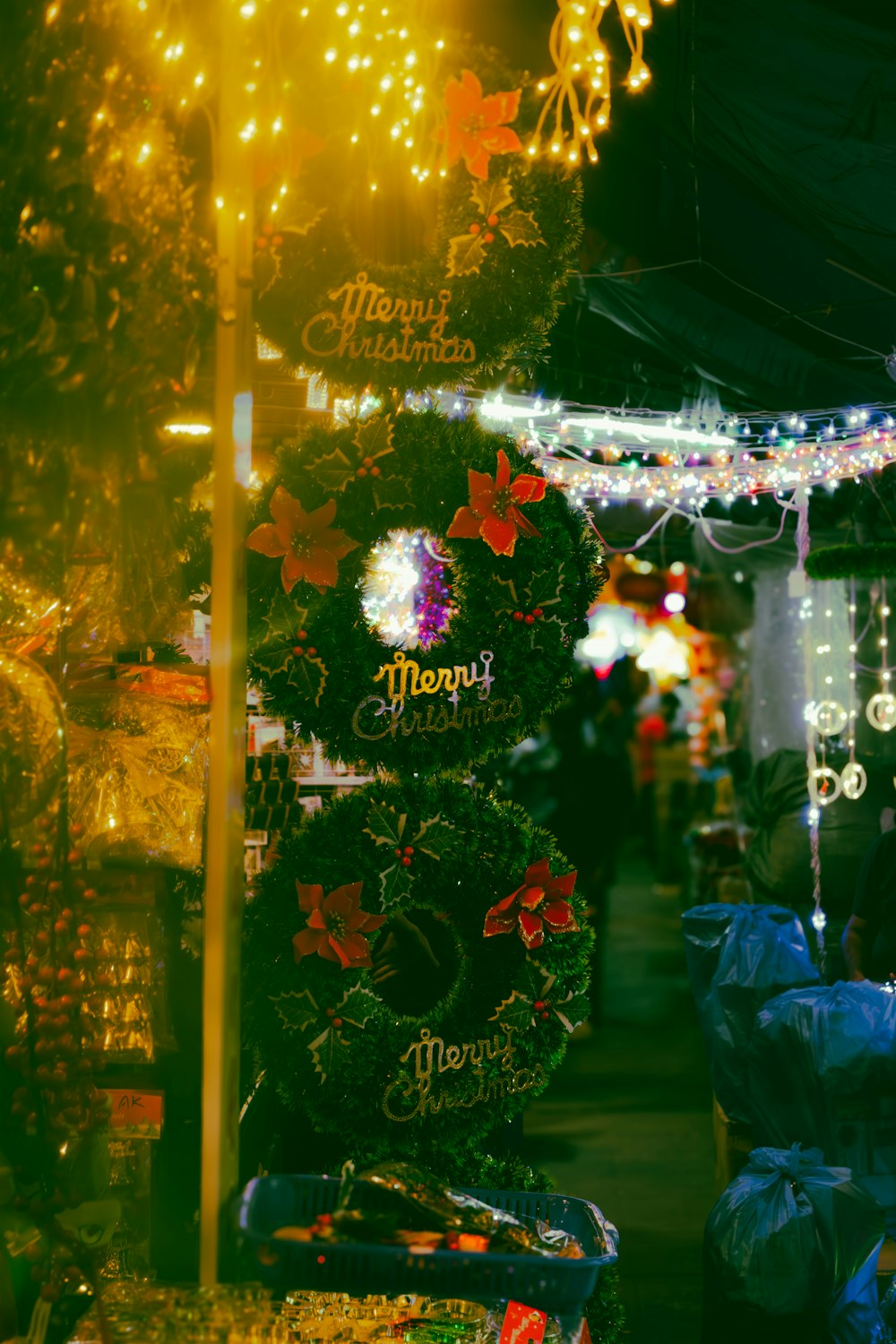 a christmas display with lights and decorations