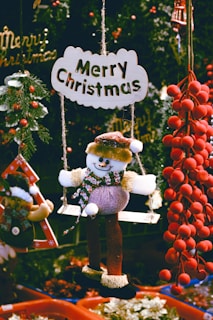 a merry christmas sign hanging from a tree