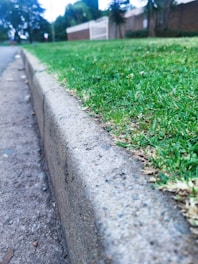 A close-up perspective of a concrete curb with a green lawn adjacent to it. In the background, there are blurred outlines of a fence, trees, and a couple of people walking on the sidewalk.