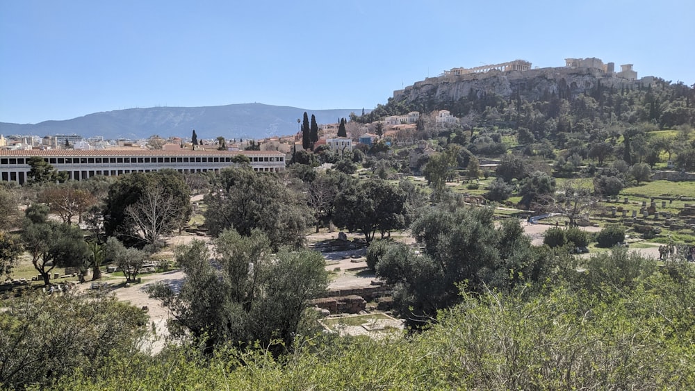 a scenic view of a city with a mountain in the background