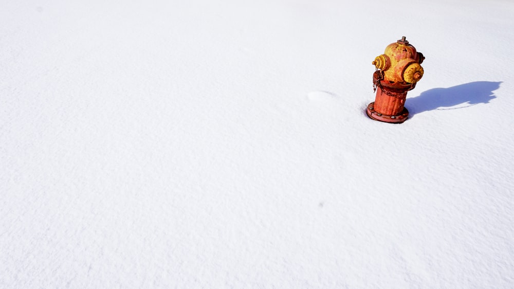 a red and yellow fire hydrant in the snow