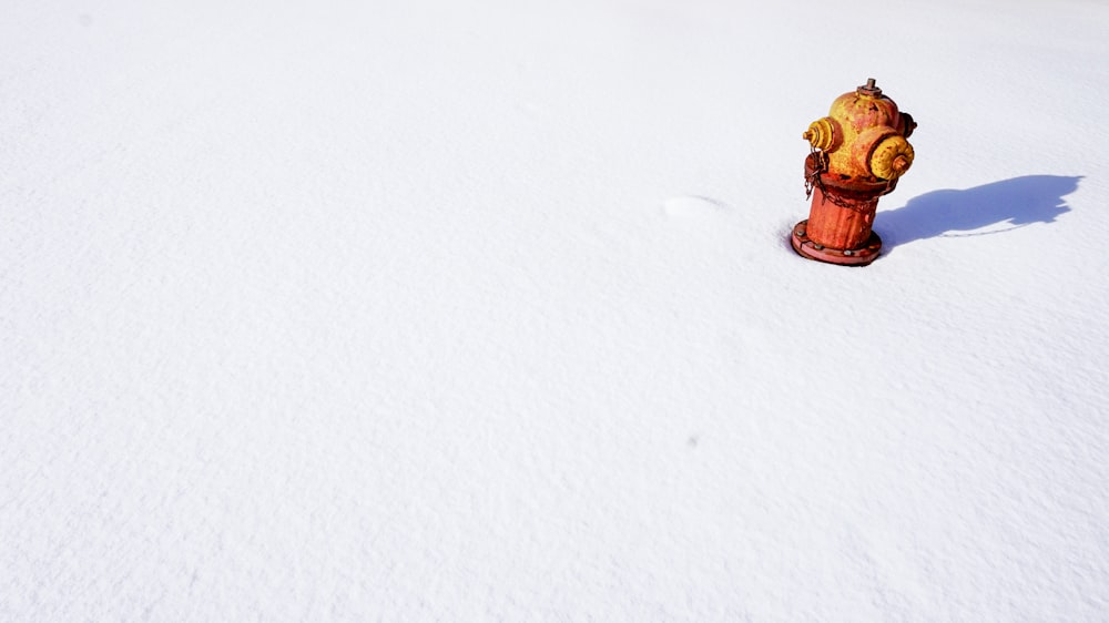 ein rot-gelber Hydrant im Schnee