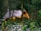 A cozy cabin nestled in a forest surrounded by tall trees.