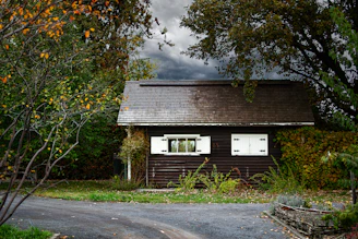 Exterior shot of a cozy cabin-style home featuring dark green trim and natural wood siding.