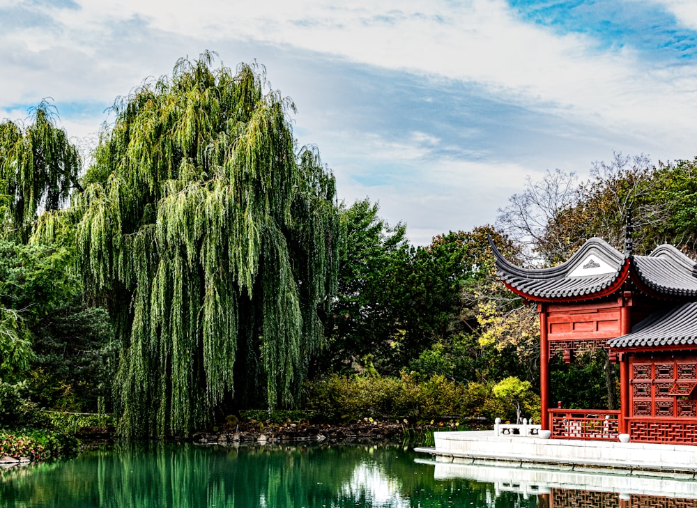 a pond in a park with a pavilion and trees